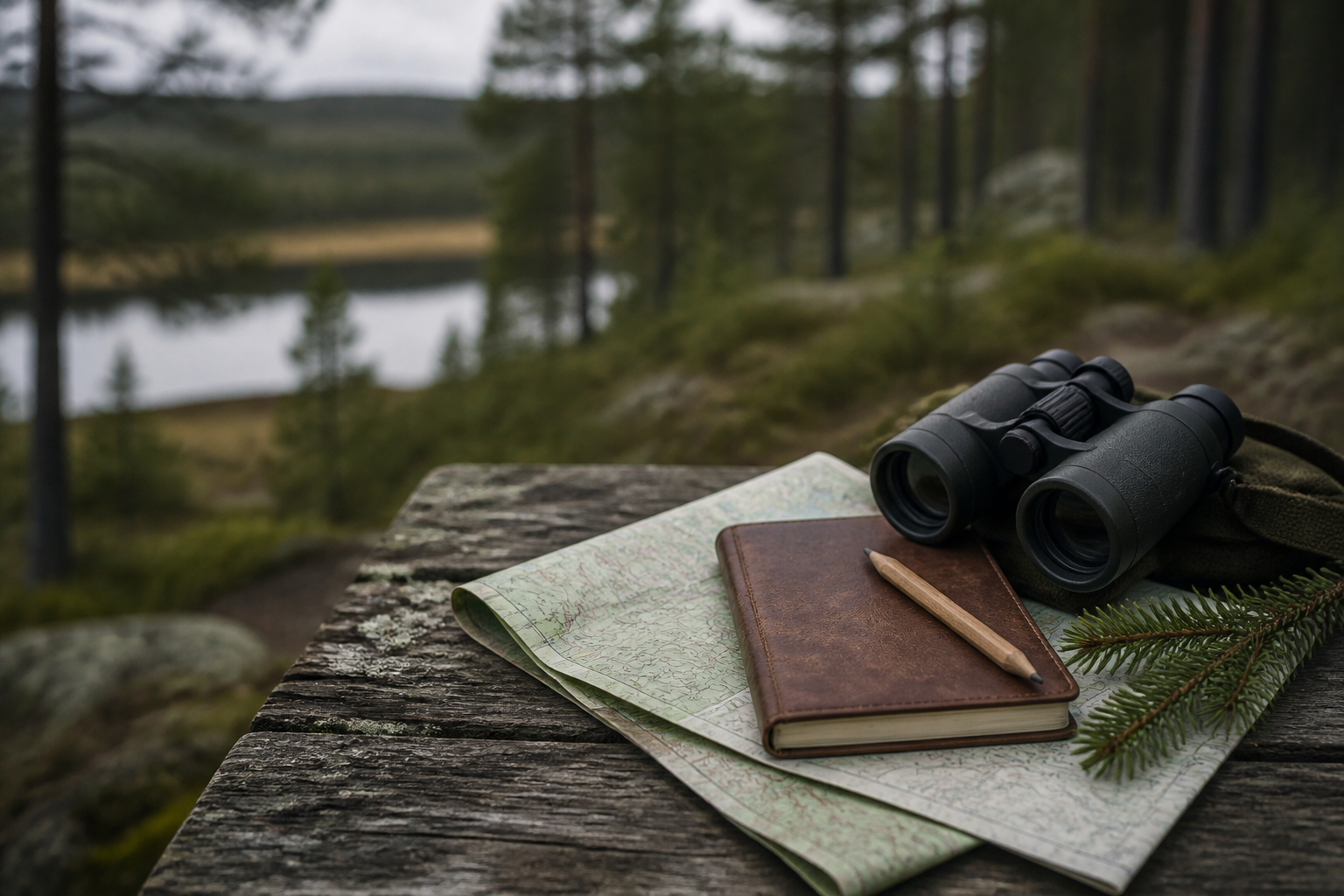 Anteckningsbok, karta och kikare i svensk natur